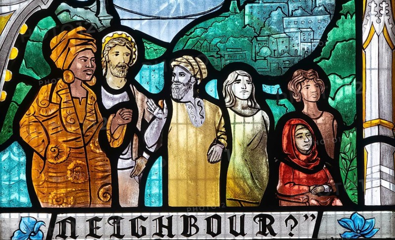Detail modern stained glass depicting neighbours facing the future, by Ealish Swift 2023, St Mary Redcliffe Church, Bristol, England, UK