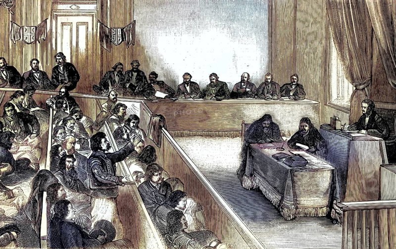 Session of the Skoupchina, the Parliament of Serbia, in 1876, illustration, reproduction from a 19th-century model. Authentic, file restored for optimal use, exact date of original unknown, historical, nostalgically colored