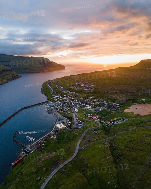 Aerial View of Eidi At Sunset, Faroe Islands