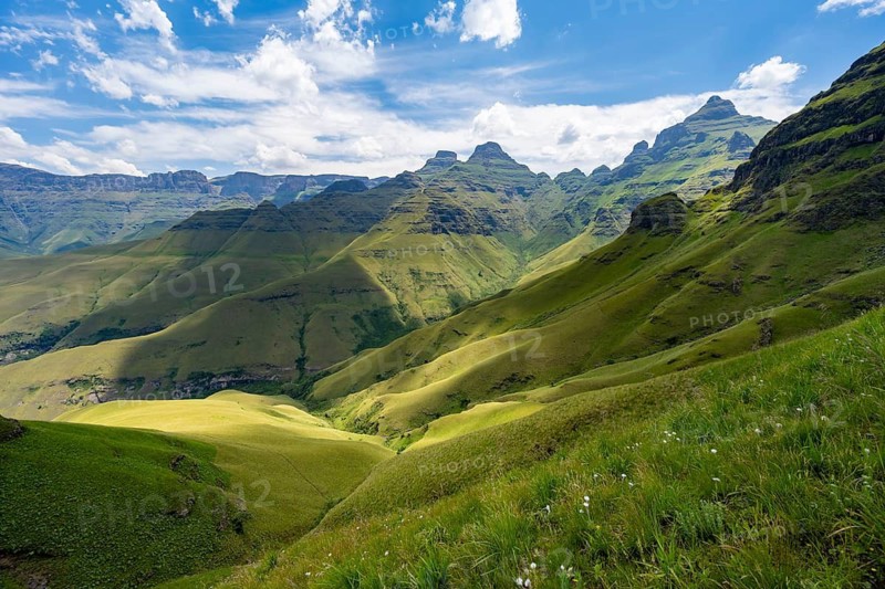 Mountainous landscape of Cathedral Range, Cathedral Peak, Drakensberg, KwaZulu-Natal, South Africa