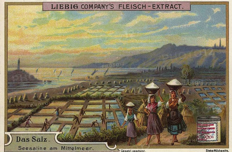Picture series Salt, salt production in a sea salt works on the Mediterranean. In the foreground, woman carry heaps of salt in baskets on their heads, while in the background workers are busy in the rectangular salt fields (salt works), Liebig picture, digitally restored reproduction of a collector's picture from around 1900, exact date unknown