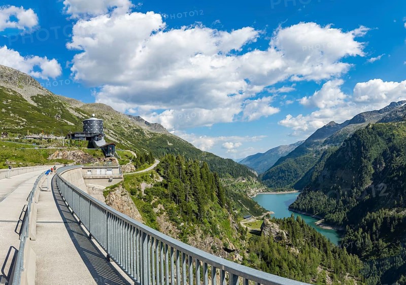 View of Maltatal from Kölnbrein Reservoir with Galgenbichl Reservoir Reservoir in the background, modern mountain hotel Malta, Malta Valley, Carinthia, Austria