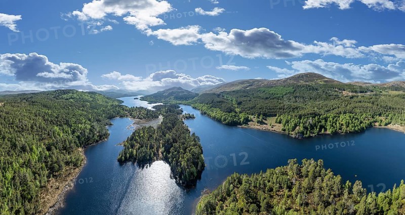 Panorama aerial photo of Loch Sealbhanach and Loch Mullardoc, a water reservoir with hydro electric power station in a side Valley of Glen Affric in the highlands of northern Scotland, UK