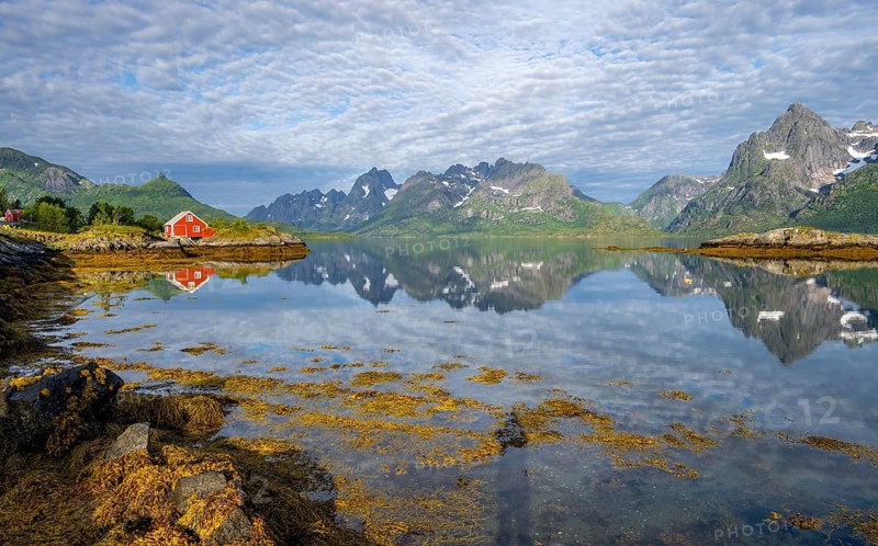 Red fishing hut on the shore, Rorbuer hut, picturesque fjord landscape at Raftsund fjord, mountains reflected in water, Vesterålen, Norway