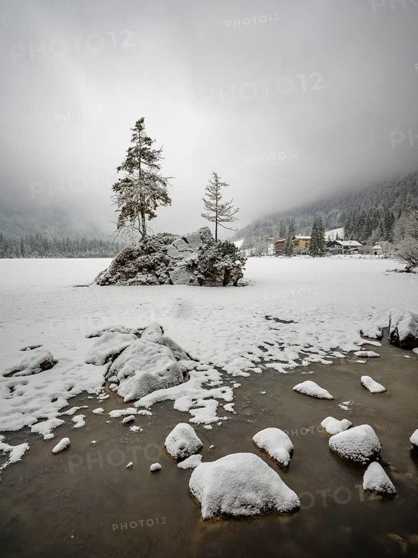 Frozen Hintersee in winter, Ramsau, Berchtesgaden National Park, Berchtesgadener Land, Upper Bavaria, Bavaria, Germany