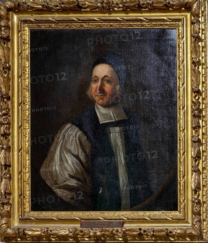 Gilt framed oil painting depicting Bishop Thomas Ken 1637–1711, church of St John the Baptist, Frome, Somerset, England, UK
