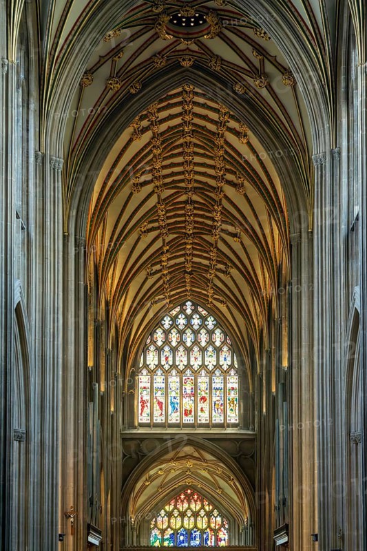 Medieval Gothic design high vaulted ceilings, interior of St Mary Redcliffe church, Bristol, England, UK