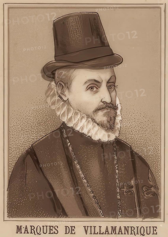 Alvaro Manrique de Zúniga, Marques de Villamanrique (* 29 May 1532 in Salamanca, died 3 March 1604 in Seville, Spain) was a Spanish high nobleman who served as Viceroy of New Spain, school picture, authentic reproduction of a school mural, around 1900, exact date unknown, Historical