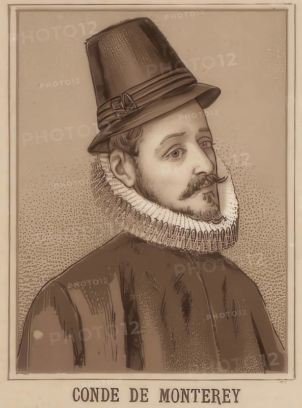 Portrait of Gaspar de Zúniga y Acevedo, known as Conde de Monterrey, Count of Monterrey. He was an important Spanish nobleman and colonial administrator in the 16th and 17th century, school painting, authentic reproduction of a school mural, around 1900, exact date unknown, historical