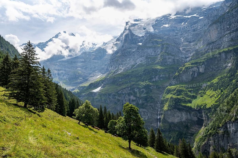Picturesque mountain landscape on Mettlenalp with Mönch and Jungfrau peaks, Bernese Alps, Bernese Oberland, Switzerland