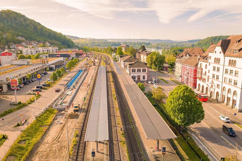 Station in an urban area with mountains in the background, electrification of the Hochrheinbahn, conversion of the station, Waldshut, Tiengen, Germany