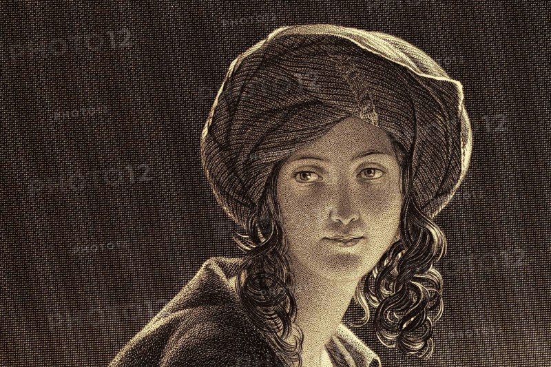 Detail from the painting Die Morgenländerin by Friedrich Amerling, painting, portrait painting, Biedermeier, Austrian painting, Orientalism, oriental clothing, headdress, veil, curls, look, jewelry, depiction of woman, exotic representation, expression, elegance, richness of detail, realism, 19th century, oil painting, art history, Viennese painting, historical painting, classical art, beauty, traditional traditional costume, oriental motif. historical illustration 1854