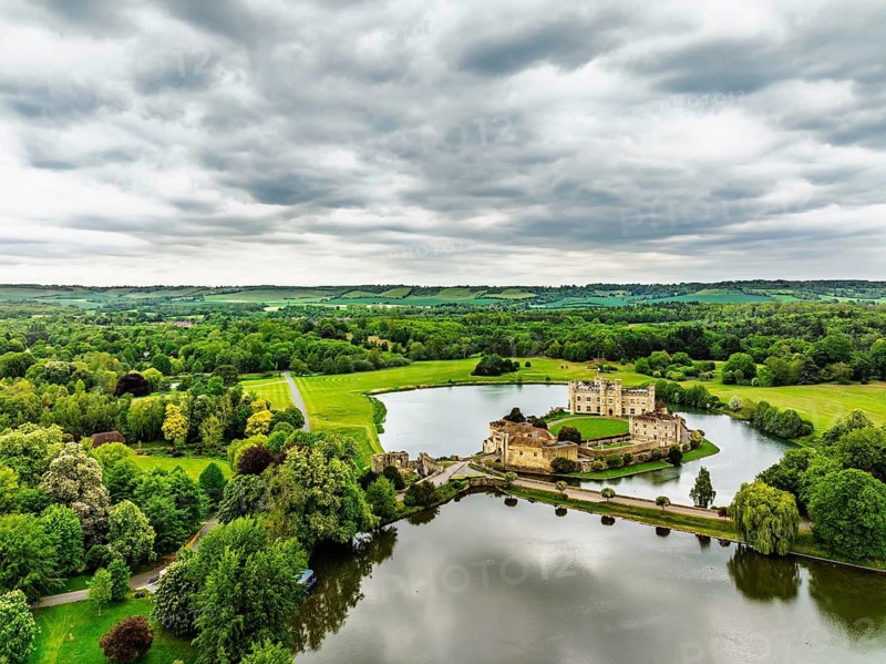 Leeds Castle from a drone, River Len, Kent, England, United Kingdom