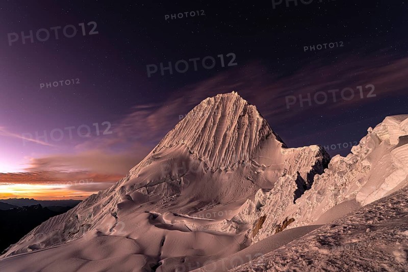 Alpamayo southwest face with glacier in evening light, 5947 m, with the title of most beautiful mountain in the world, Cordillera Blanca, Huascaran National Park, northern Peru, Peru, South America