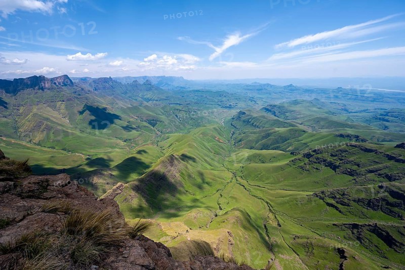 Mountain landscape of the Cathedral Range, view from Cathedral Peak or Cathedralpiek or Mponjwana, Drakensberg Mountains, KwaZulu-Natal, South Africa