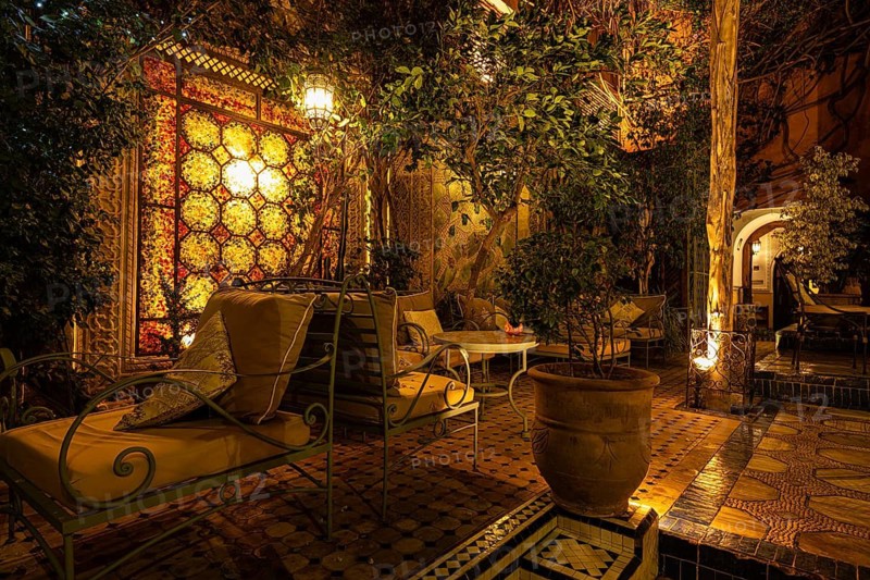 Oriental courtyard at Hotel Riad Palais Sebhan, former city palace, Medina, Marrakech, Maghreb, North Africa, Morocco