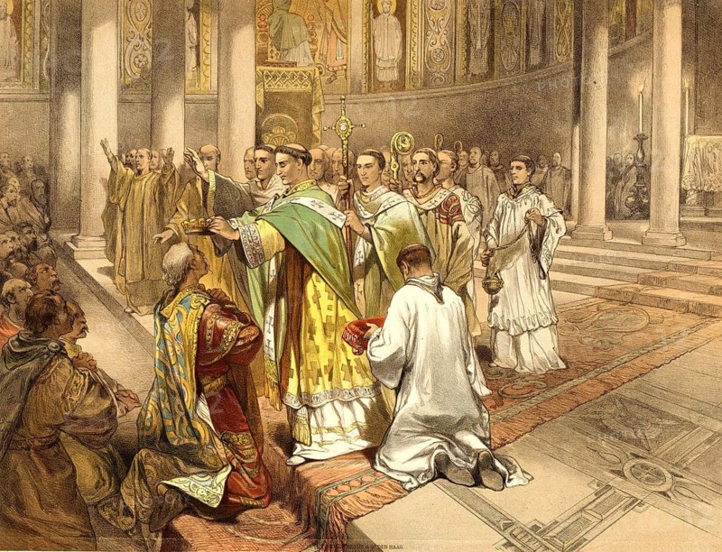 The coronation of Charlemagne by Pope Leo III in St. Peter's Basilica on December 25, 800, school picture, illustration, reproduction from a model from the 19th century. School picture, mural, authentic, file restored for optimal use, exact date of original unknown, historical