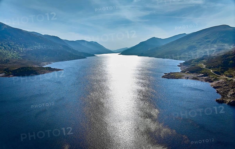 Aerial view of Loch Sealbhanach and Loch Mullardoc, a water reservoir with hydro electric power station in a side Valley of Glen Affric, Highlands, Scotland, United Kingdom