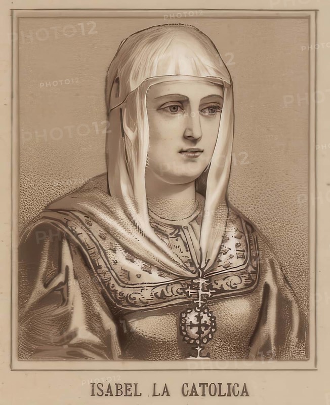 Isabella I of Castile, Isabel I de Castilla, born April 22, 1451 in Madrigal de las Altas Torres, died November 26, 1504 in Medina del Campo, also known as Isabella the Catholic, Spanish Isabel la Catolica, was queen of Castile and Leon from 1474 to 1504 and from 1479 to 1504 as wife of Ferdinand II also Queen of Aragon, school picture authentic reproduction of a school mural, around 1900, exact date unknown, historical
