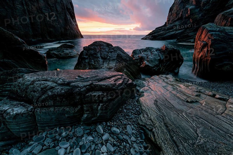 Evening in a rocky bay, Söröya, Norwegian European Sea, Finnmark, Norway, September 2018