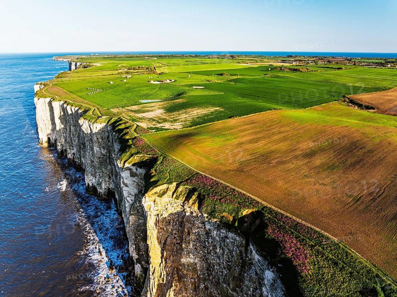 Farm and Fields over Bempton Cliffs from a drone, Yorkshire, England, United Kingdom
