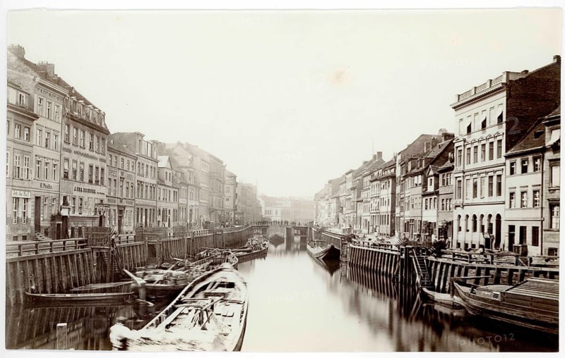 Friedrichsgracht, Spree, Berlin, Mitte, Historic buildings along a silent canal with boats in water, around 1870