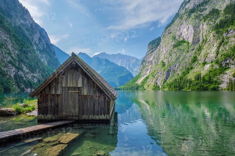 Traditional wooden boathouse sitting on the transparent turquoise water of Obersee lake, Bavarian Alps, Germany