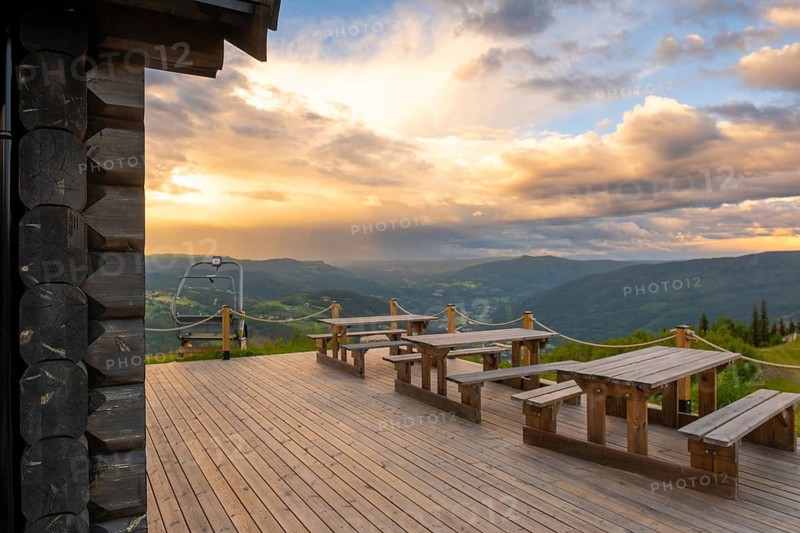 View over a café terrace in the mountains of Gol at sunset, Hallingdal, Buskerud, Norway