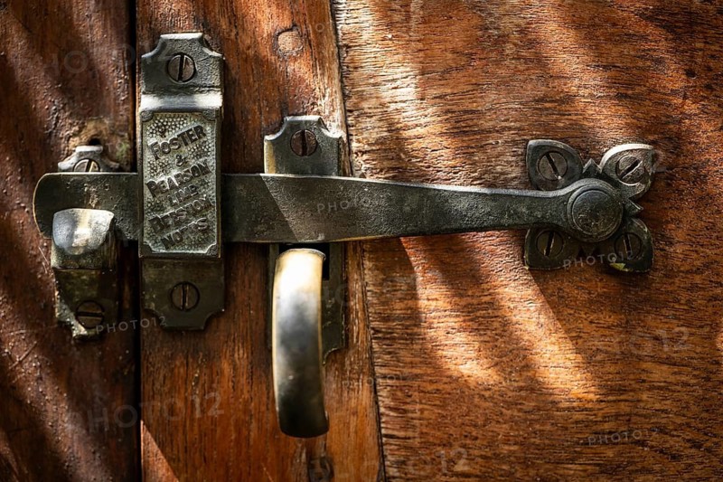 Wrought iron door lock with the inscription Foster & Pearson, Chelsea Physic Garden, historic botanical garden, oldest botanical garden in London, founded in 1673 by the Worshipful Society of Apothecaries, Chelsea, England, Great Britain