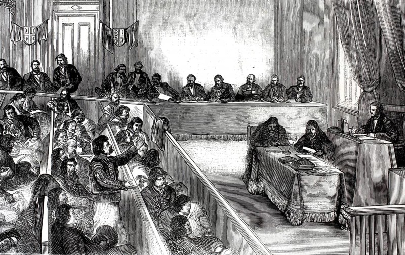 Session of the Skoupchina, the Parliament of Serbia, in 1876, illustration, reproduction from a 19th-century model. Authentic, file restored for optimal use, exact date of submission unknown, historical