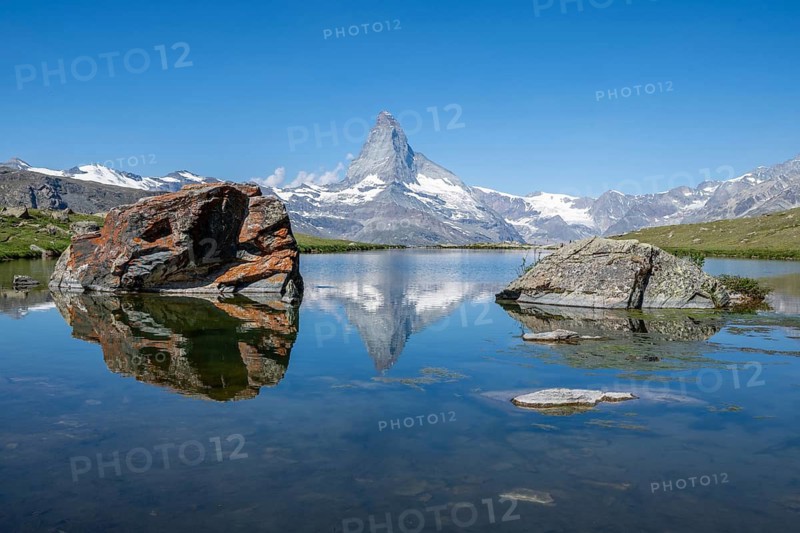 View of the majestic Matterhorn reflected in Stellisee, Zermatt, Valais, Switzerland