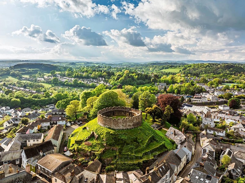 Totnes Castle from a drone, Totnes, River Dart, Devon, England, United Kingdom