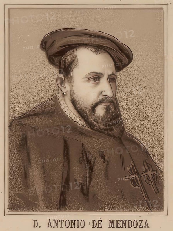 Antonio de Mendoza y Pacheco (born ca. 1490 in Alcala la Real, died 21 July 1552 in Lima) was 2nd Marques of Mondejar and first Viceroy of New Spain from 1535 to 1550 and second Viceroy of Peru from 23 September 1551 to 21 July 1552, school painting, authentic reproduction of a school mural, ca. 1900, exact date unknown, Historical