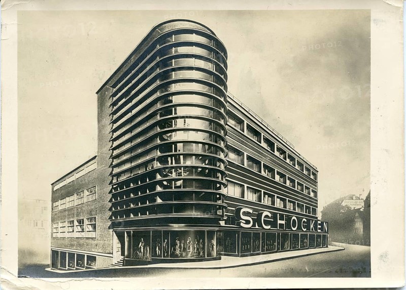 Schocken department store, Stuttgart, architecture, Erich Mendelsohn, new building, modern architecture, new objectivity, steel frame construction, Jewish company, Aryanized, modern building with rounded corners and large shop windows in an urban setting, 1928