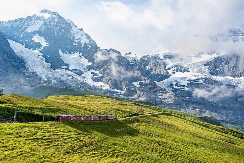 Jungfrau Railway to Jungfraujoch runs through green meadows, above the Kleine Scheidegg stop, rack railway, in the back mountains with peaks Eiger and Mönch, Jungfrau region, Bernese Oberland, Switzerland