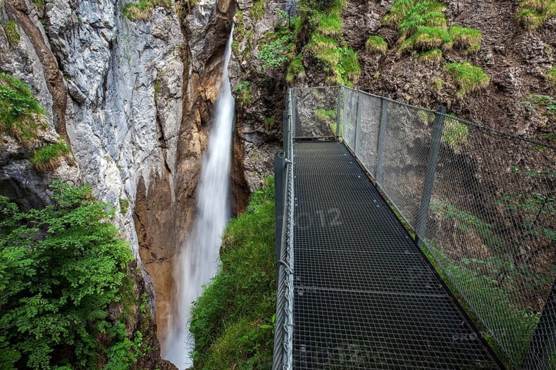 Waterfall in Hölltobel, with viewing platform, near Gerstruben, Dietersbachtal, Oberstdorf, Oberallgäu, Allgäu, Bavaria, Germany
