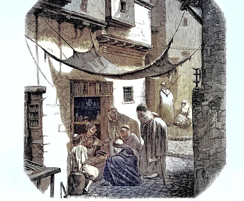 A Jewish shop or shop in Oran, Algeria, in the 19th century. A group of men wearing traditional clothing, including caftans, burnuts, and headdresses, have gathered in front of the shop to examine or haggle goods. A dealer sits elevated in the shop and shows an object to a customer, illustration, reproduction of a template from the 19th authentic, file restored for optimal use, exact date of original unknown, historical, colored