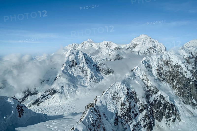 Summit of Mt Denali or Mount McKinley with glacier, aerial view, Alaska Range, Denali National Park, Alaska, USA