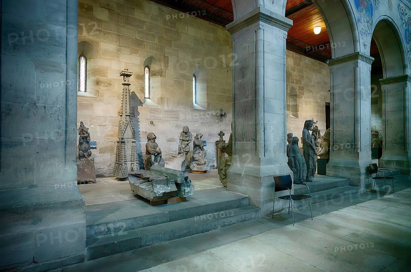 Interior view of lapidarium with sculptures, St. John's Church, also St. John's Church, Schwäbisch Gmünd, Baden-Württemberg, Germany