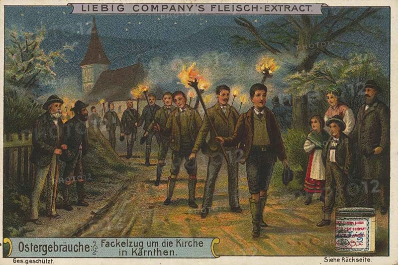 Picture series Easter traditions, torchlight procession around a church in Carinthia during Easter time, Austria, picture of love, digitally restored reproduction of a collector's painting from around 1900, exact date unknown