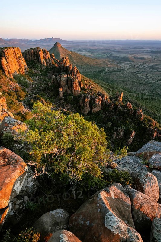 View of the Valley of Desolation at sunset, eroded rock needles from Dolorit, Camdeboo National Park, Graaff-Reinet, Eastern Cape, South Africa