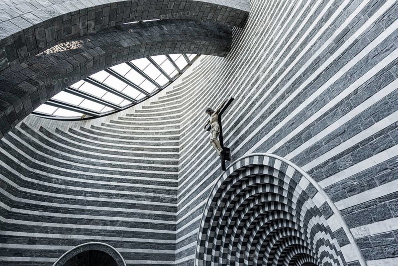 Interior view, modern chapel, San Giovanni Battista, architect Mario Botta, Mogno, Maggia Valley, Valle Maggia, Canton of Tessin, Switzerland