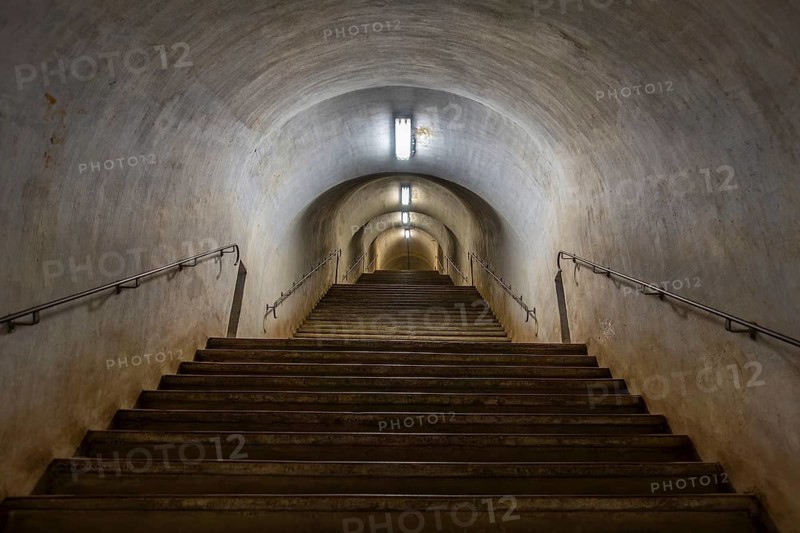 Underground stairway, tunnel at Fort Eben-Emael, Belgian WW2 fortress neutralized by German paratroopers during the Second World War Two in Belgium