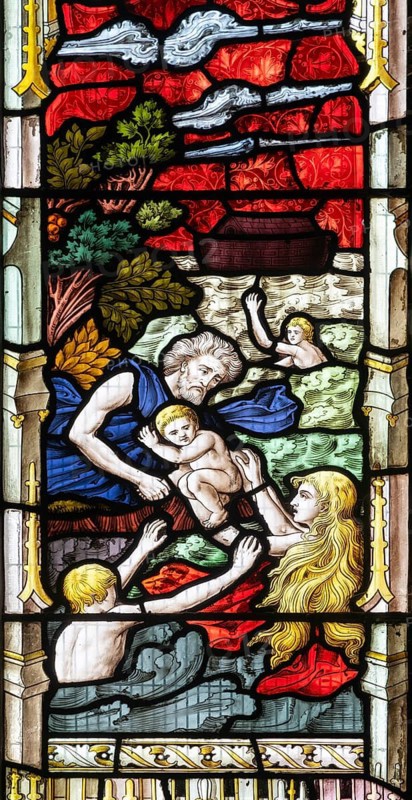 Stained glass window Great Flood and Noah's Arc c 1883, St Andrew's church, Ashburton, Devon, England, UK
