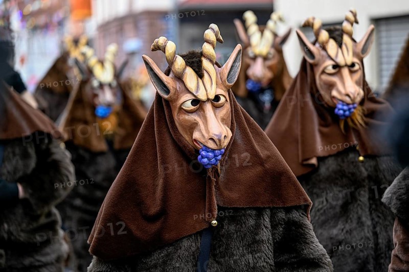 Members of a fools' guild in traditional Haes, fool's clothing, carnival parade, Kappelrodeck, Ortenaukreis, Baden-Württemberg, Germany