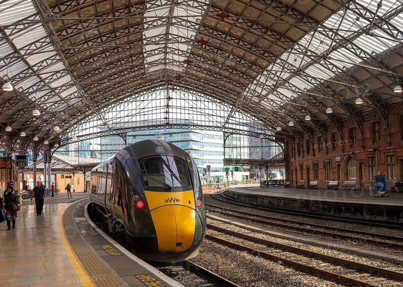 GWR British Rail Class 800 Inter City Express train arriving at platform, Temple Meads railway station, Bristol, England, UK