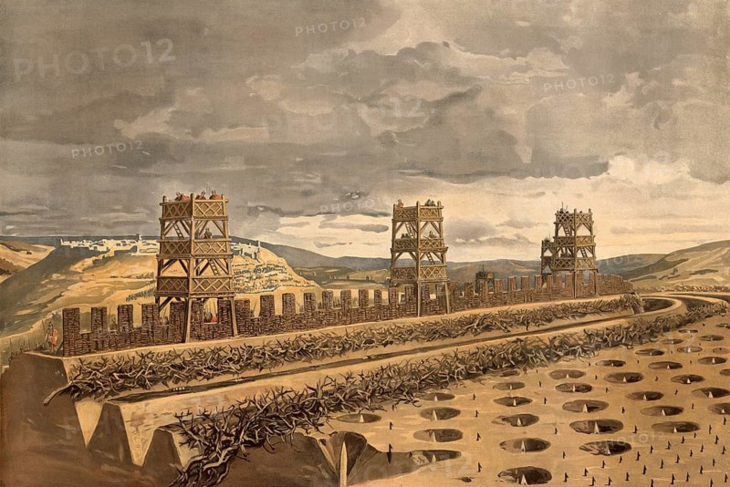 Battle of Alesia in 52 BC, in which Julius Caesar besieged the troops of Vercingetorix, the Roman siege around the Gallic city. On display are the double walls and defense towers built by the Romans, which both enclosed the city and repelled reinforcements from outside, school painting, illustration, reproduction from a model from the 19th century. School picture, mural, authentic, file restored for optimal use, exact date of original unknown, historical