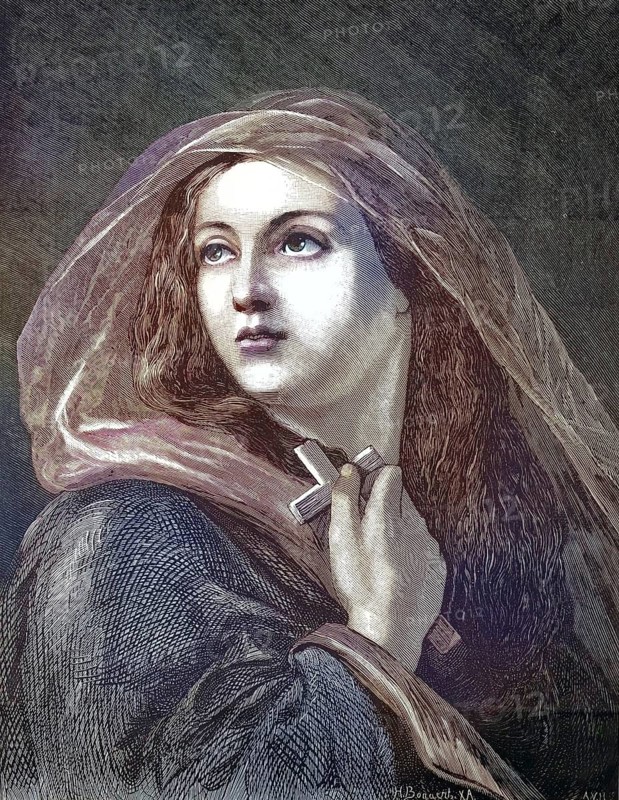 A young woman in a veil holding a cross to her chest and looking up. Allegorical depiction of the Christian faith, reproduction from a 19th-century model. Authentic, file restored for optimal use, exact date of original unknown, nostalgically colored