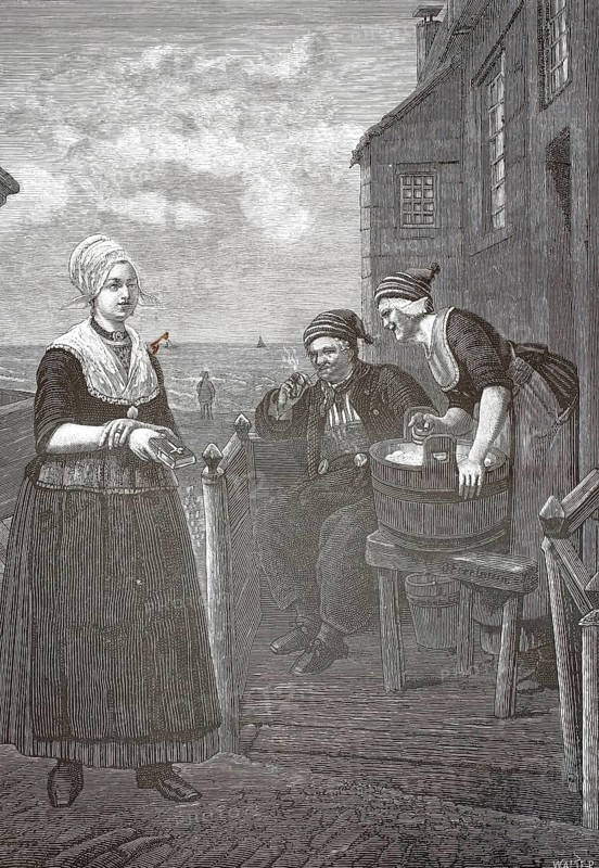 The fisherman's daughter, an everyday scene from the life of a fishing family on the northern European coast, most likely in Holland or Friesland. The focus is on the young woman, the daughter of the fisherman, who is talking to a seated man while another woman is working on a large wooden barrel or a butter baratte, illustration, reproduction of a model from the 19th century. Authentic, file restored for optimal use, exact date of submission unknown, historical