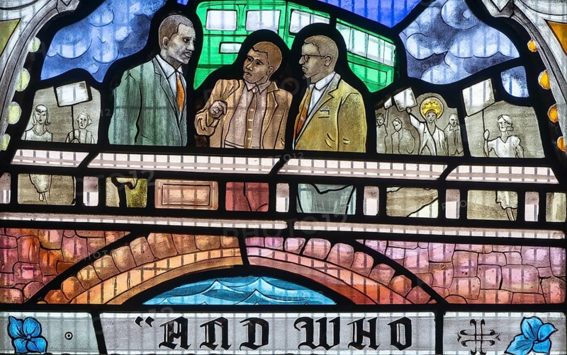 Detail modern stained glass depicting Bristol bus boycott of 1965, by Ealish Swift 2023, St Mary Redcliffe Church, Bristol, England, UK